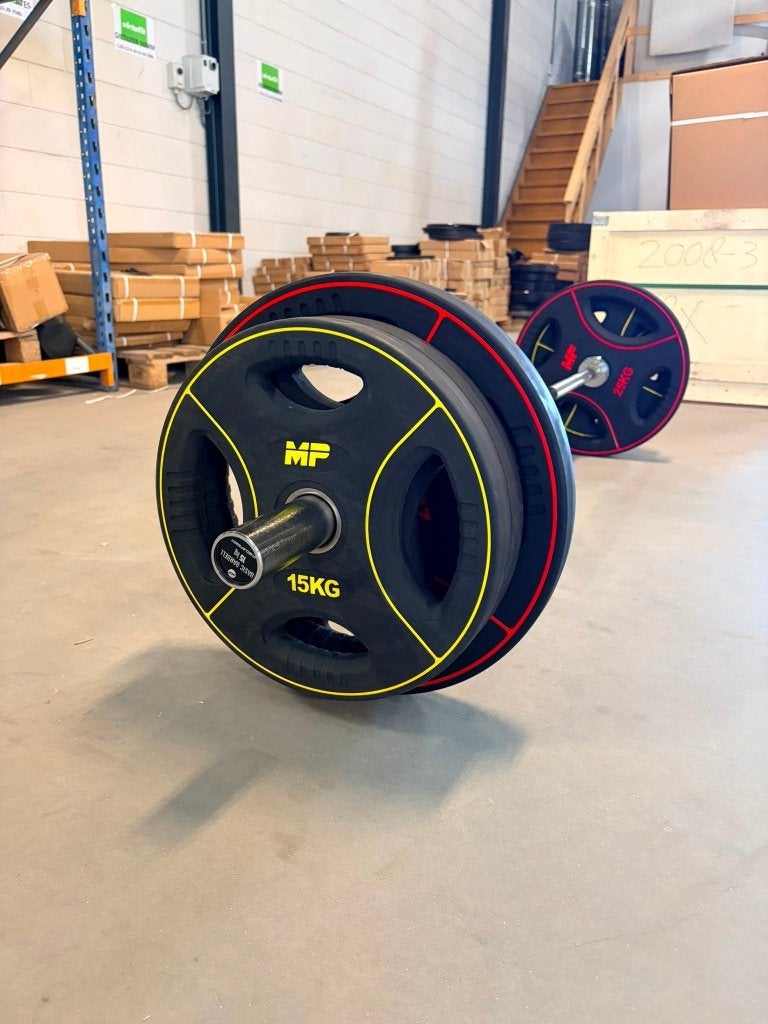 Mucle Power 125KG set  Polyurethaan Nieuw!!, Ophalen, Nieuw, Halterstangen