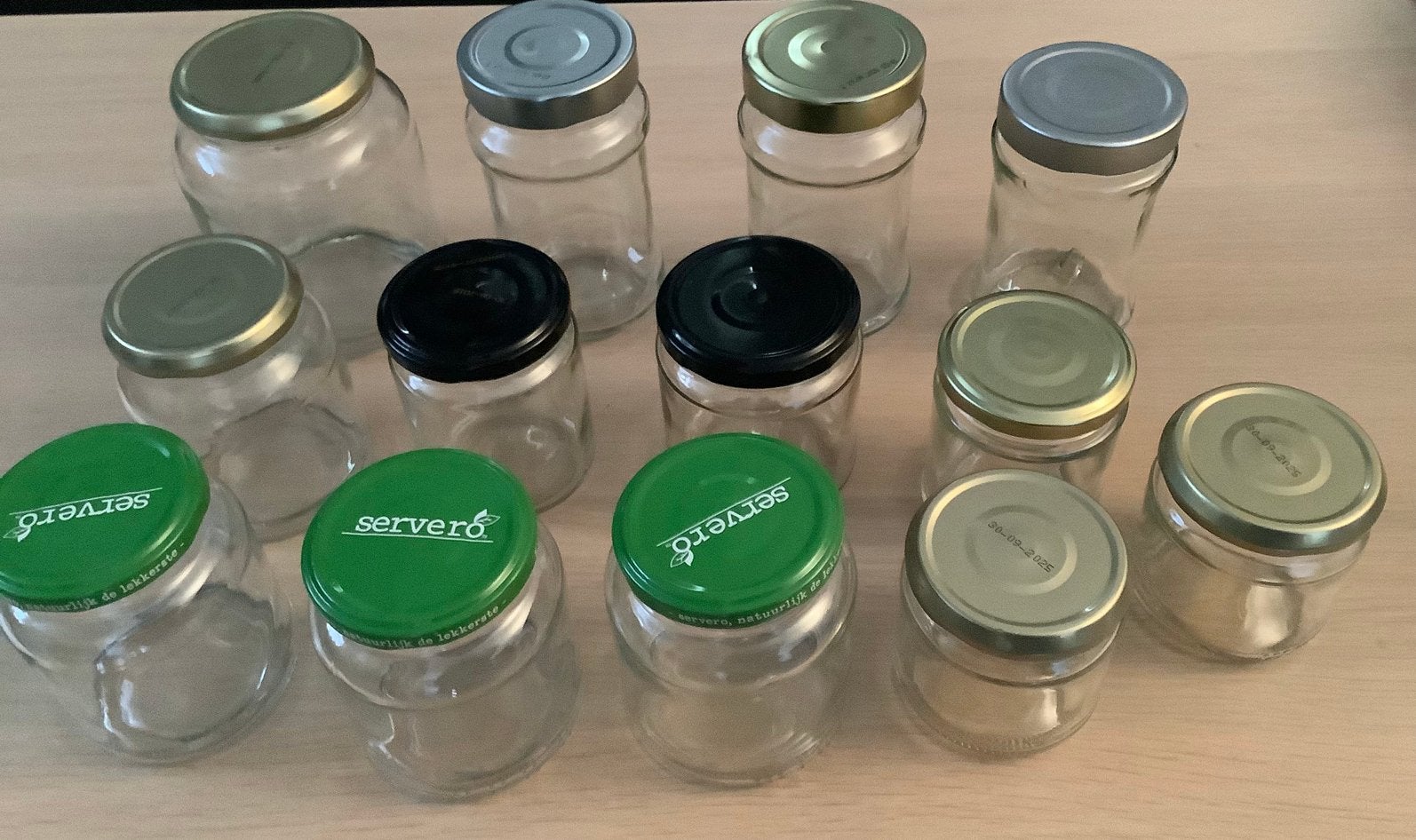 14 glazen potjes met deksel -diverse maten -niet hergebruikt, Ophalen, Zo goed als nieuw, Glas, Pot, Bus of Blik
