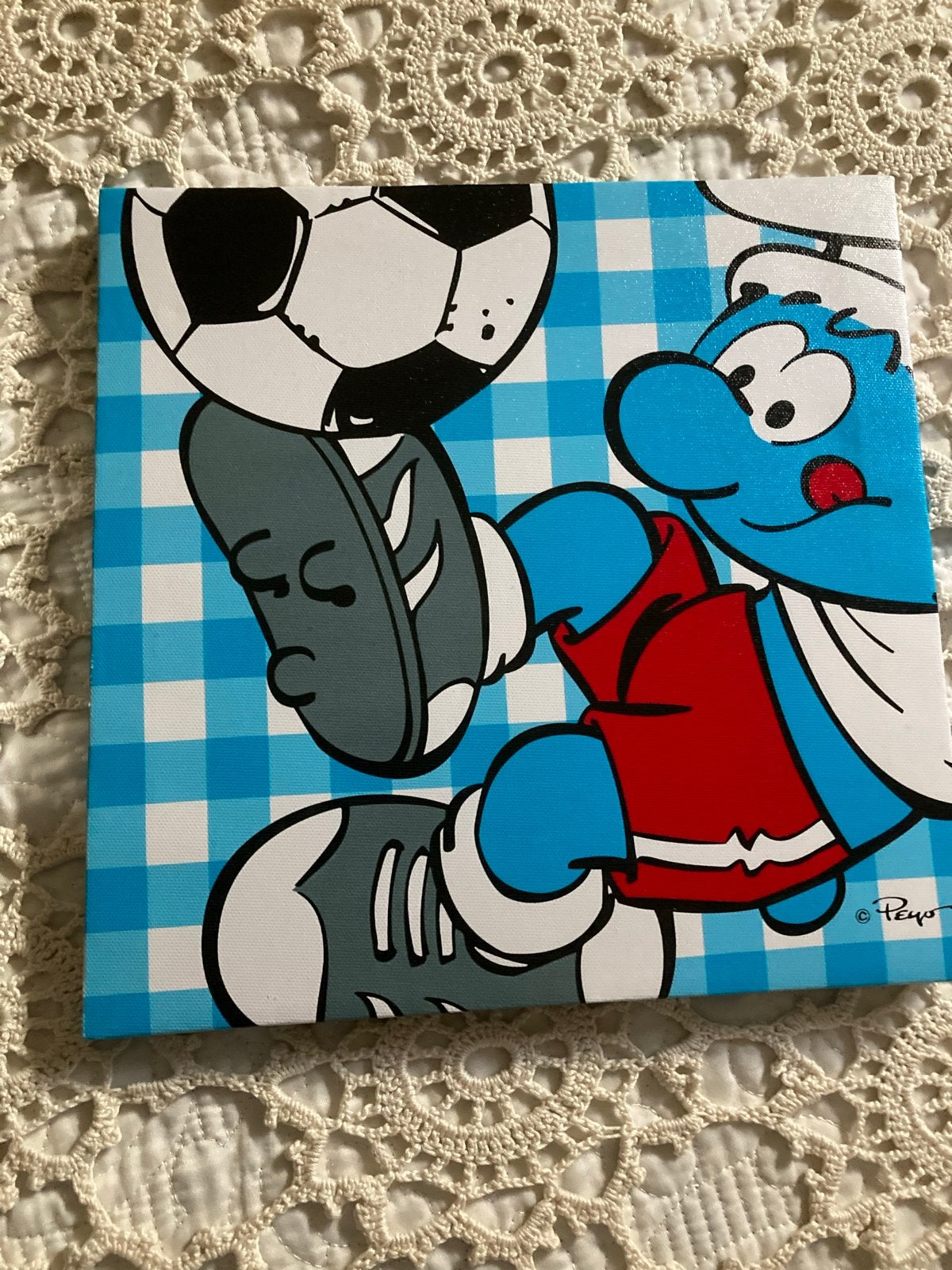 Smurfen canvas 25x25 - Smurf voetbal, Ophalen of Verzenden, Gebruikt, Overige Smurfen, Huisje of Attribuut