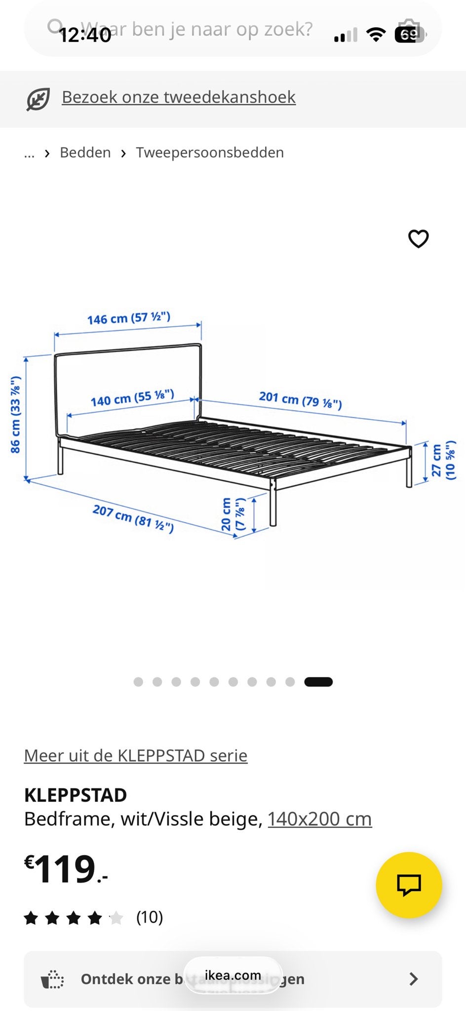 KLEPPSTAD Bedframe wit/Vissle beige, 140x200 cm, Huis en Inrichting, Slaapkamer | Bedden, Zo goed als nieuw, Tweepersoons, 140 cm
