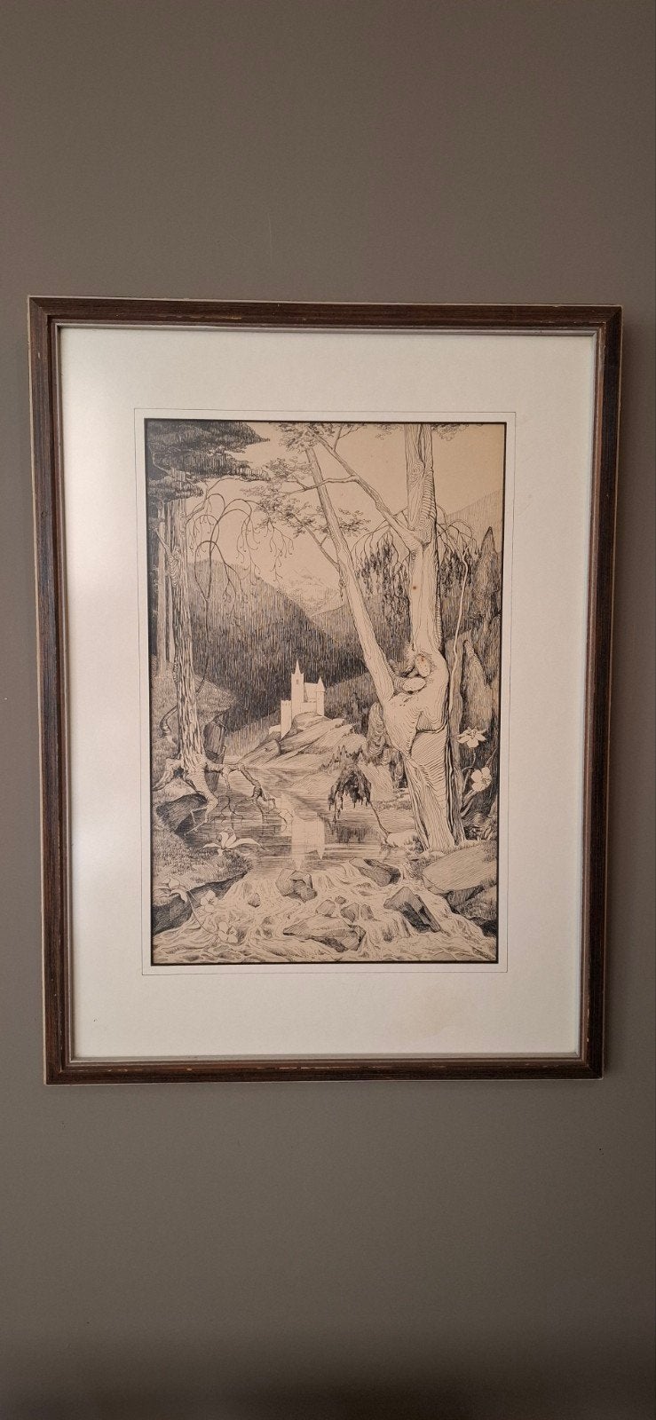 Pentekening T. Martens: Romantisch Mythisch Landschap, Antiek en Kunst, Kunst | Tekeningen en Foto's, Tekening, Pentekening, Achter glas
