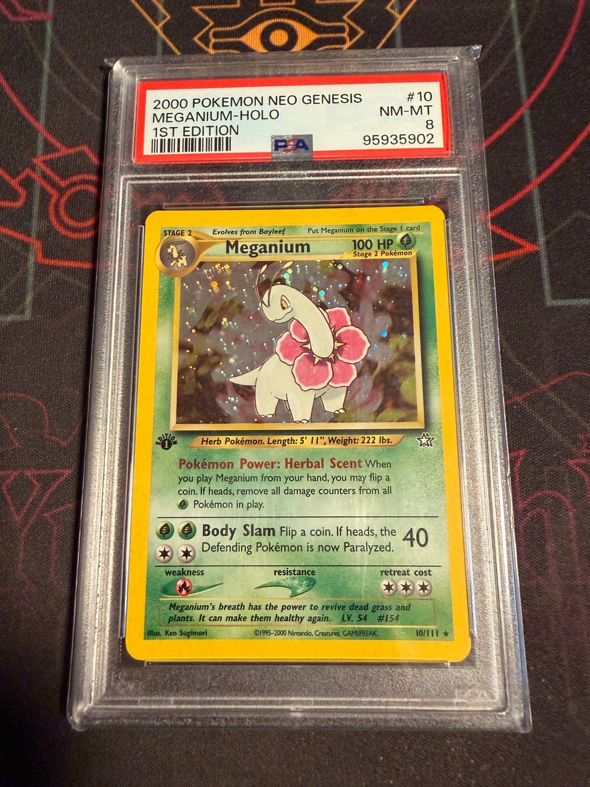 Meganium Holo 1st Edition PSA 8 Neo Genesis Pokémon Kaart, Hobby en Vrije tijd, Verzamelkaartspellen | Pokémon, Ophalen of Verzenden