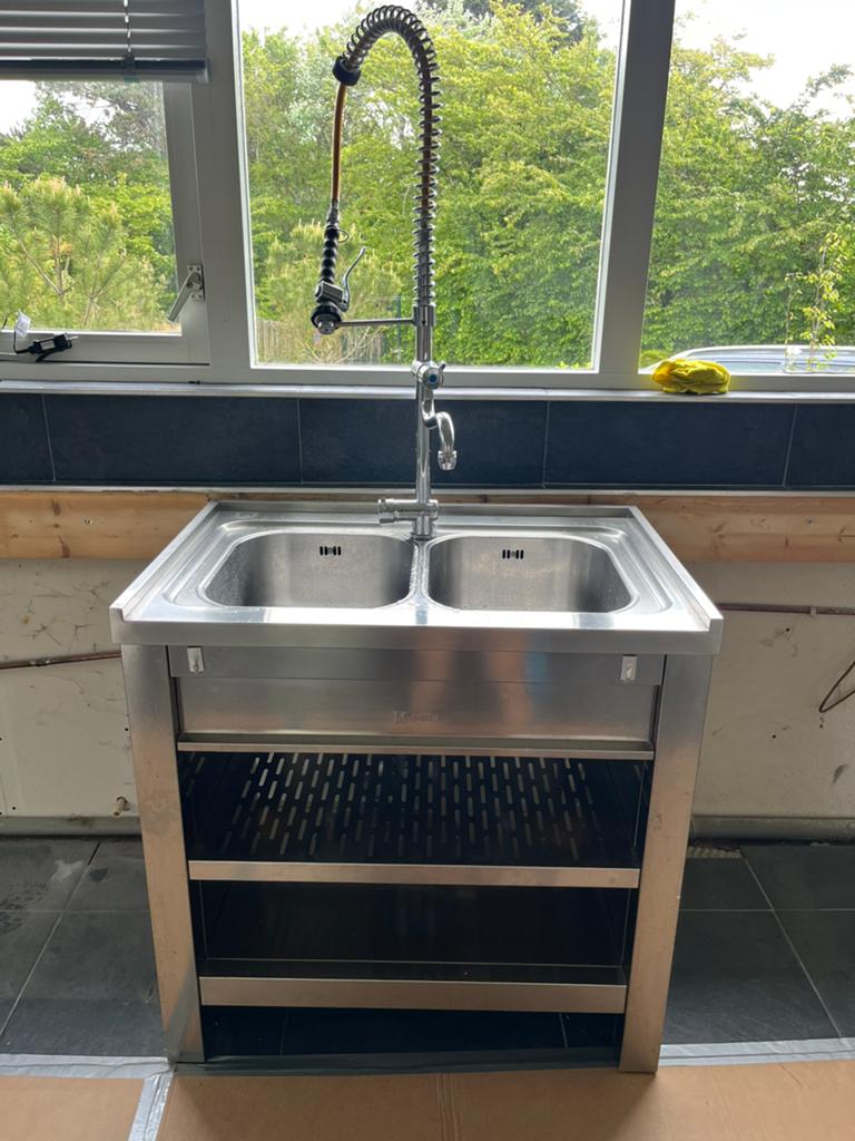 RVS spoeltafel 90cm, dubbele spoelbak met kraan, Huis en Inrichting, Keuken | Keukenelementen, Ophalen, Msystem, Msystem, 50 tot 100 cm