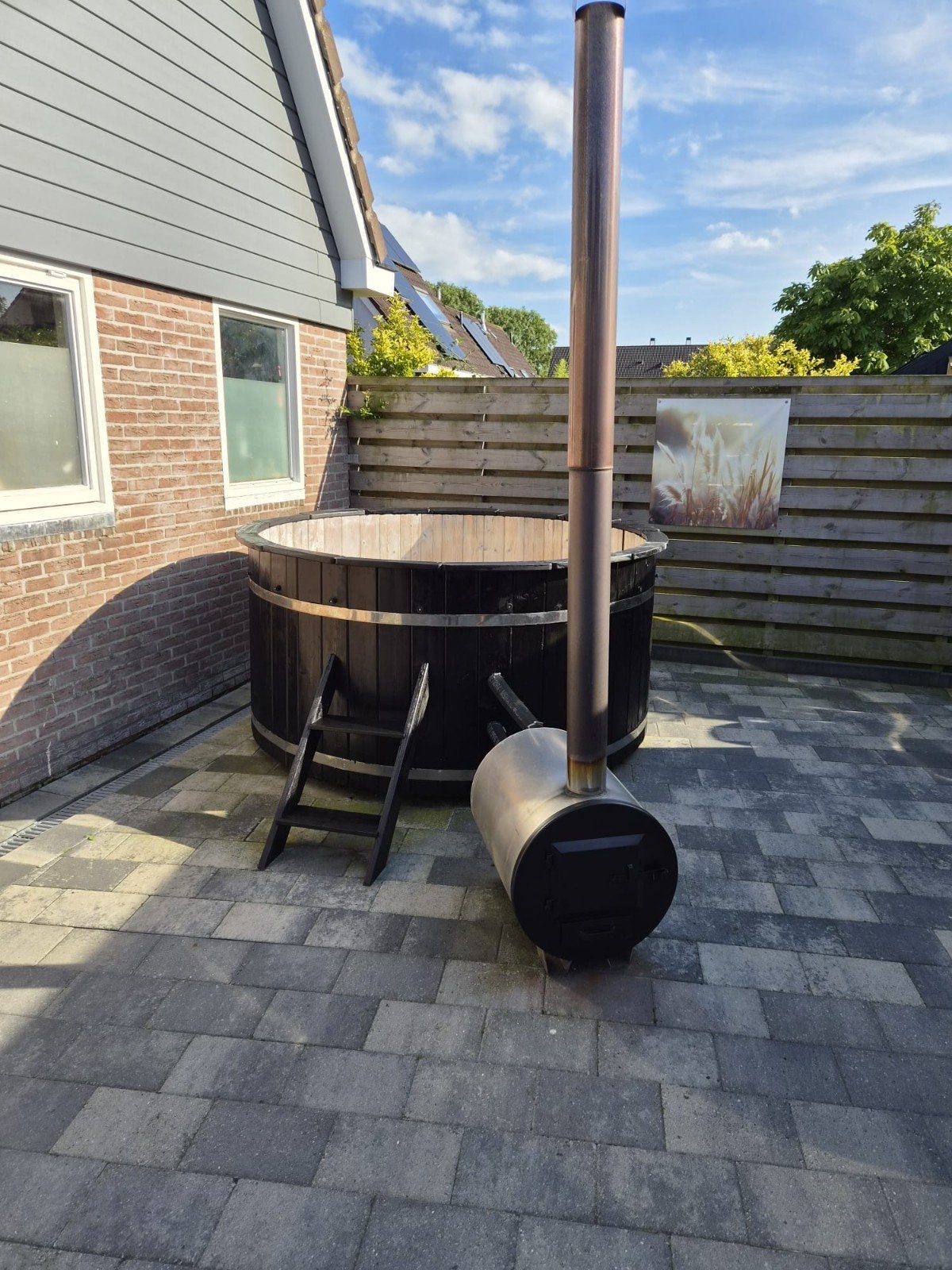 houten hottub met externe kachel, Tuin en Terras, Bubbelbaden en Hottubs, Ophalen, Gebruikt, Afdekzeil, Vast