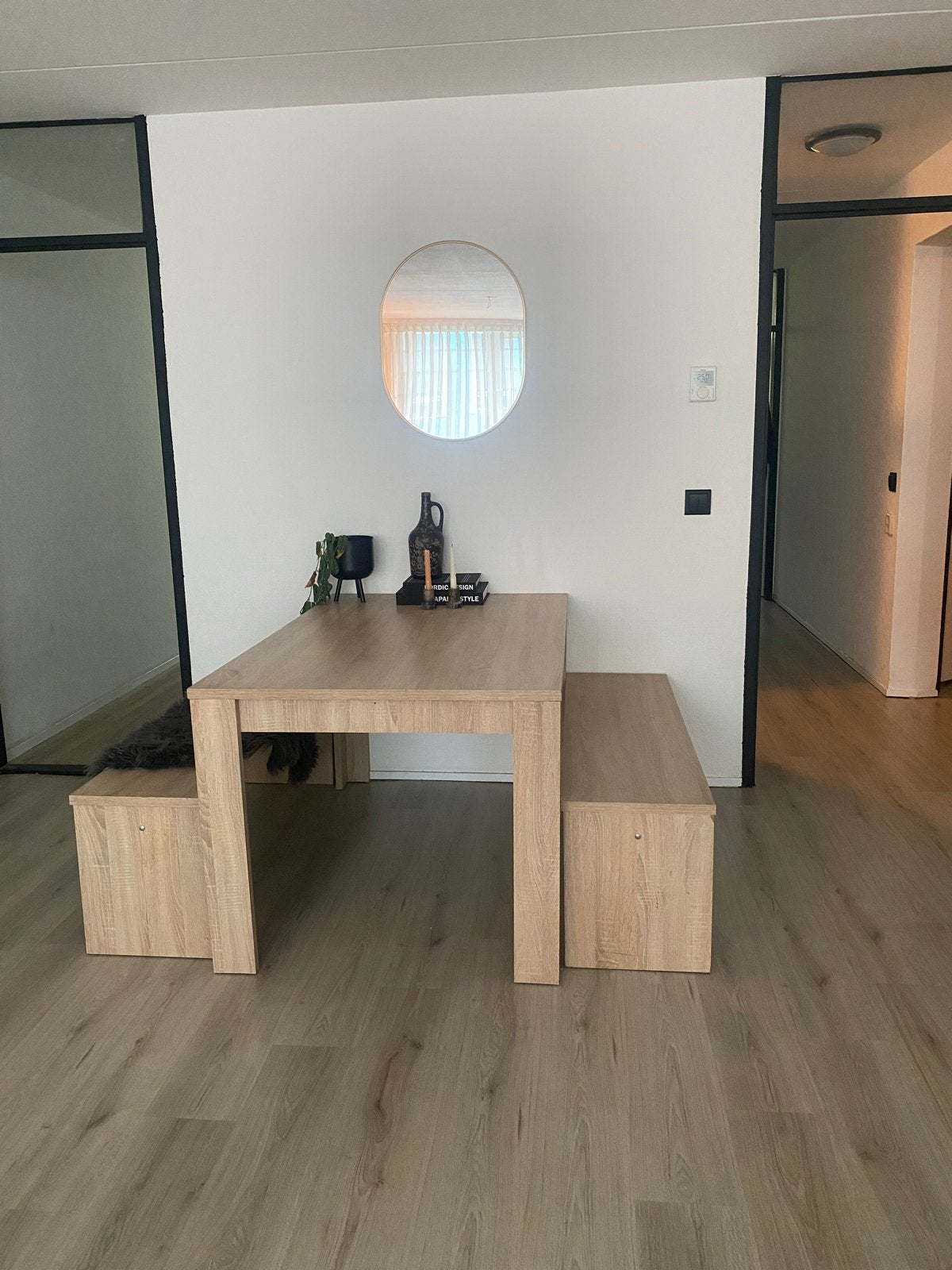 Eethoek met tafel en 2 bankjes, eikenhouten kleur, 160cm, Ophalen, Gebruikt, 50 tot 100 cm, 150 tot 200 cm