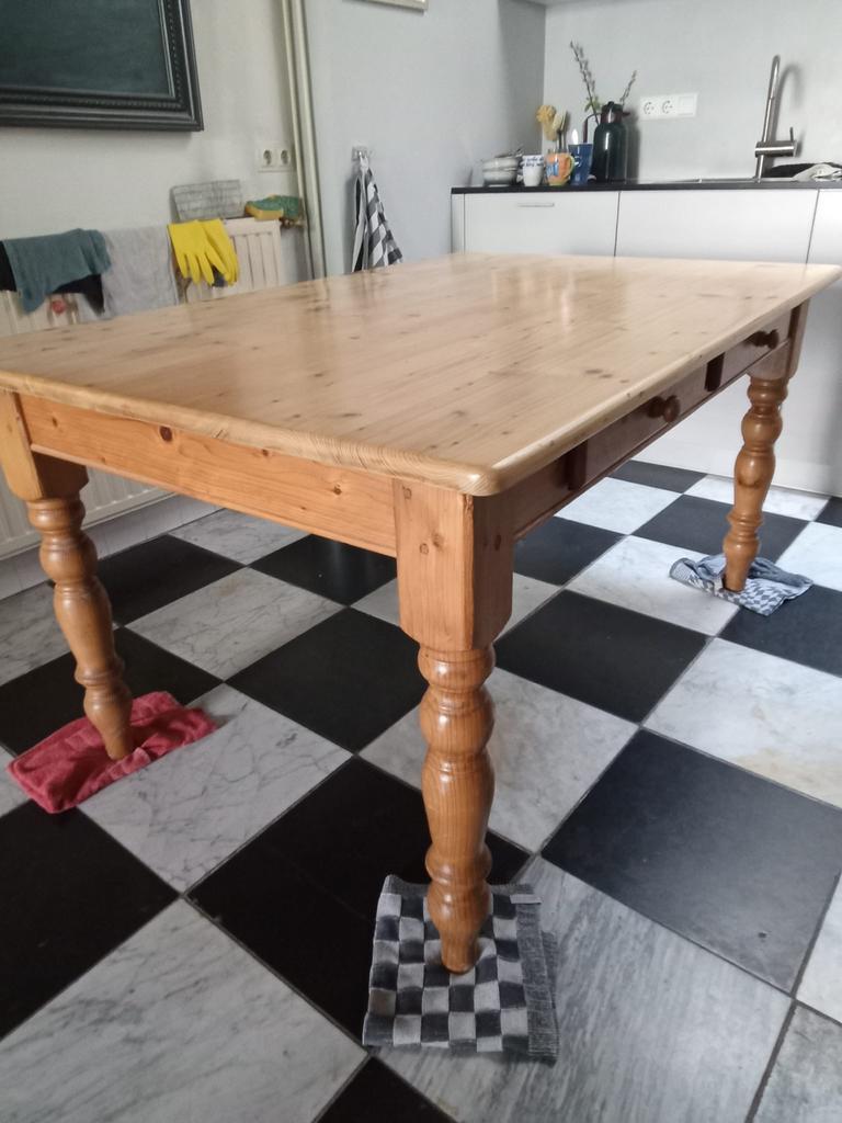 Handgemaakte houten tafel met 2 lades - 100x150 cm, Huis en Inrichting, Tafels | Eettafels, Ophalen, Gebruikt, 100 tot 150 cm