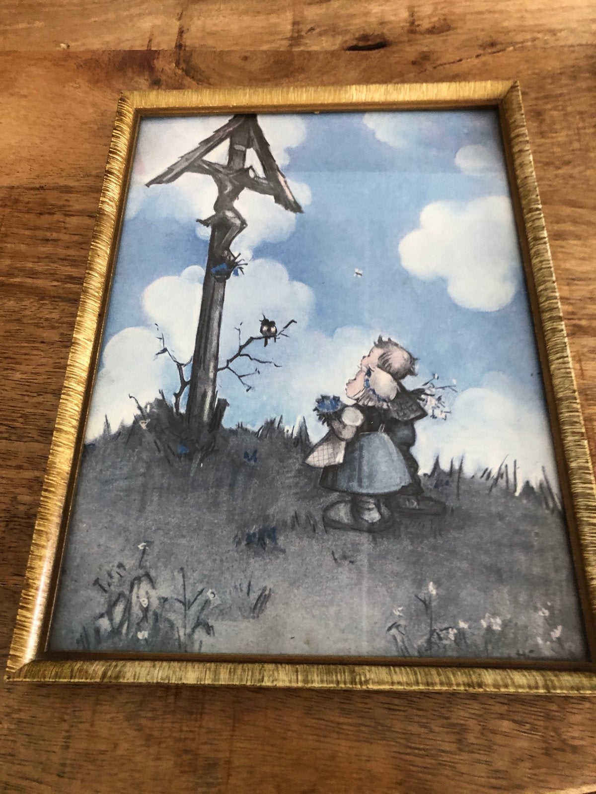 Ingelijst Hummel schilderijtje uit 1952. (29x21 cm), Ophalen, Print, Overige onderwerpen, Papier