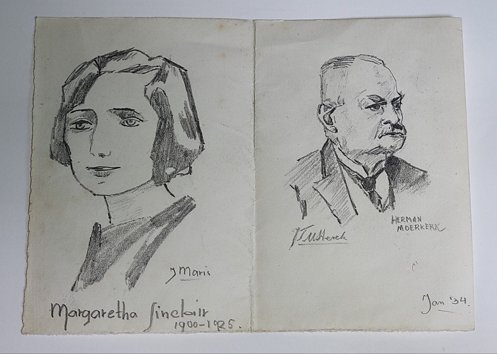 Uniek Dubbelportret (1934):  Herman Moerkerk en Jac Maris, Ophalen of Verzenden, Houtskooltekening, Gesigneerd