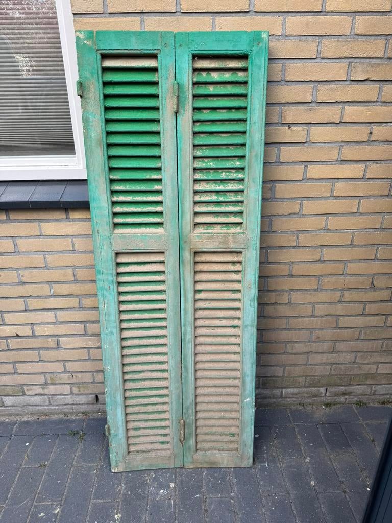 Brocante houten luiken / shutters – 155 cm – groene patina, Ophalen, Gebruikt