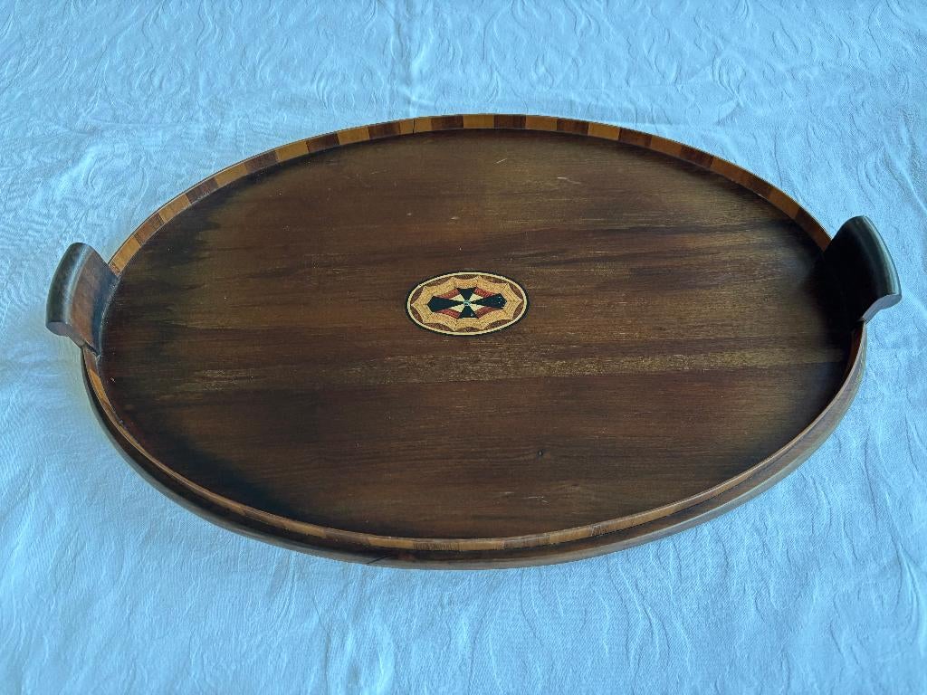 Antiek houten dienblad met inlegwerk en opstaande rand., Antiek en Kunst, Ophalen of Verzenden