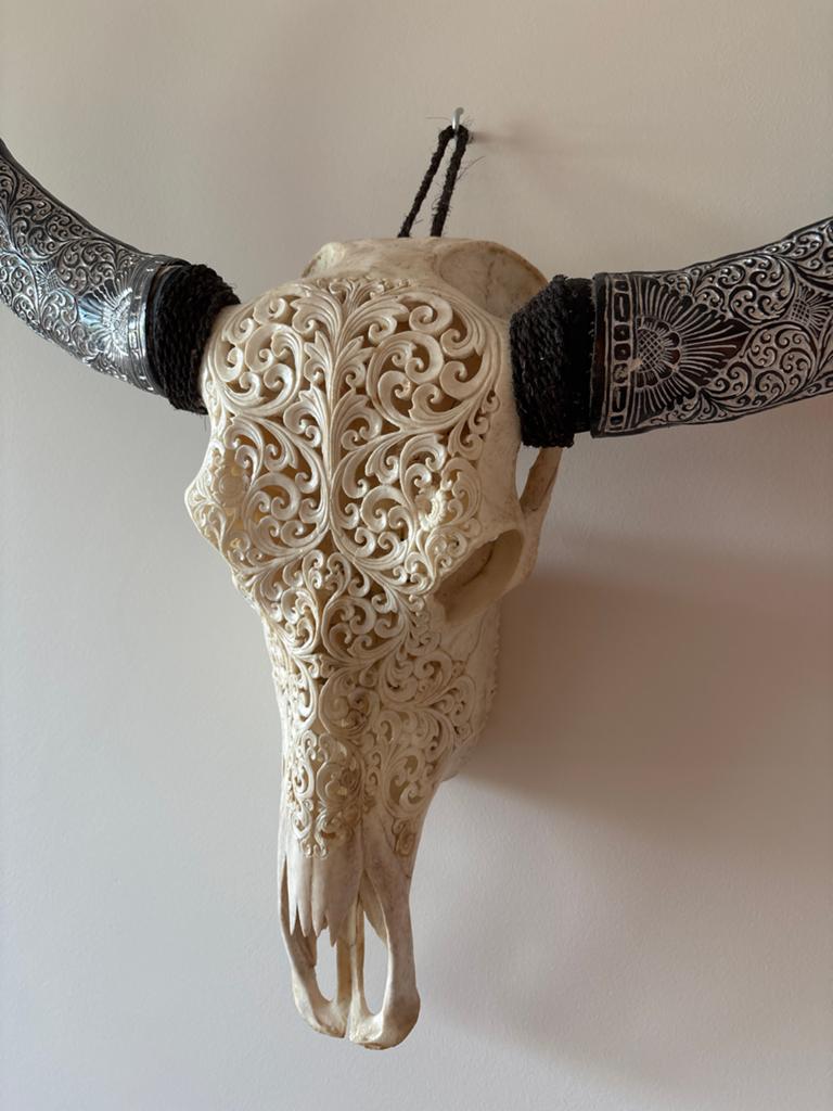Exclusieve Longhorn Schedel met Gedetailleerd Snijwerk, Natuurlijk materiaal, Wanddecoratie, Beige, Overige stijlen
