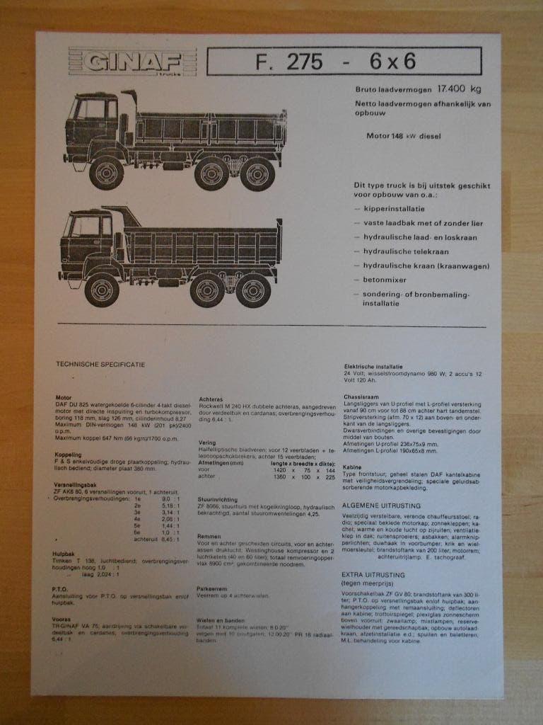 GINAF F275 6x6 Technische Specificatie folder 1980, Ophalen of Verzenden, Zo goed als nieuw, Overige merken, GINAF
