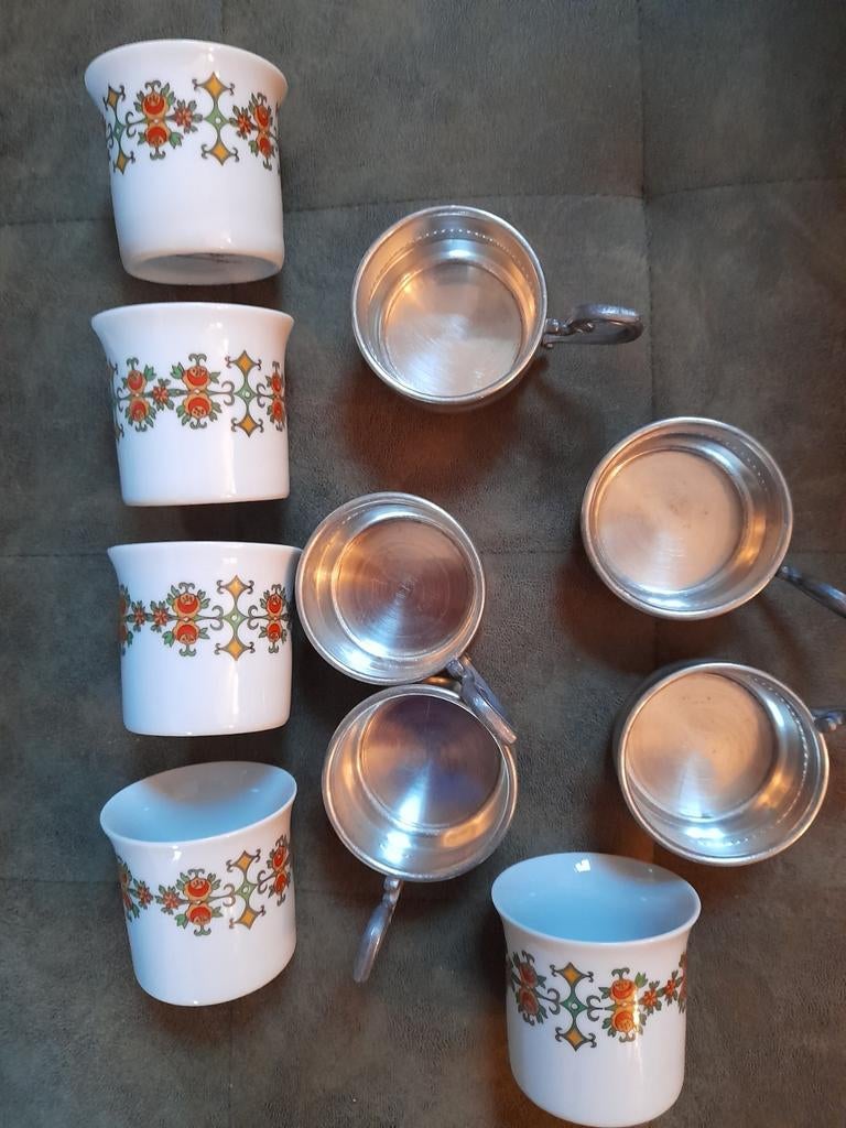 Set van 5 Schwarzenhammer Porzellan mokjes tinnen handva, Antiek en Kunst, Ophalen of Verzenden