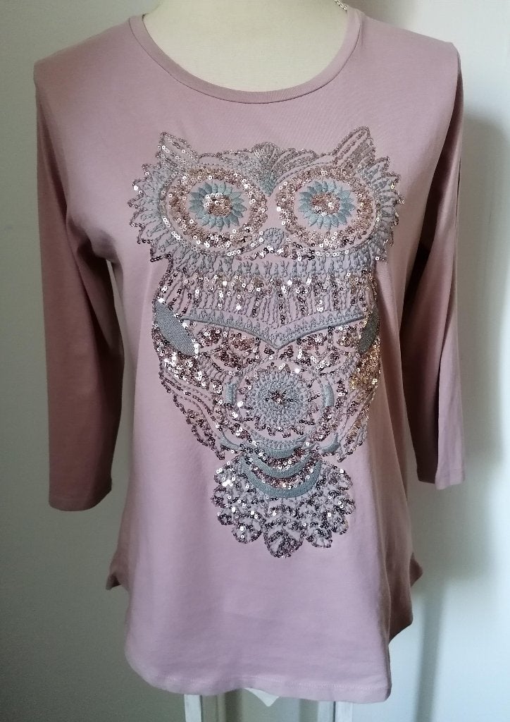 SUPER GAAF oudroze t-shirt met uil van vele pailletjes mt. M, Kleding | Dames, Maat 38/40 (M), Nieuw, Ophalen of Verzenden, Lange mouw
