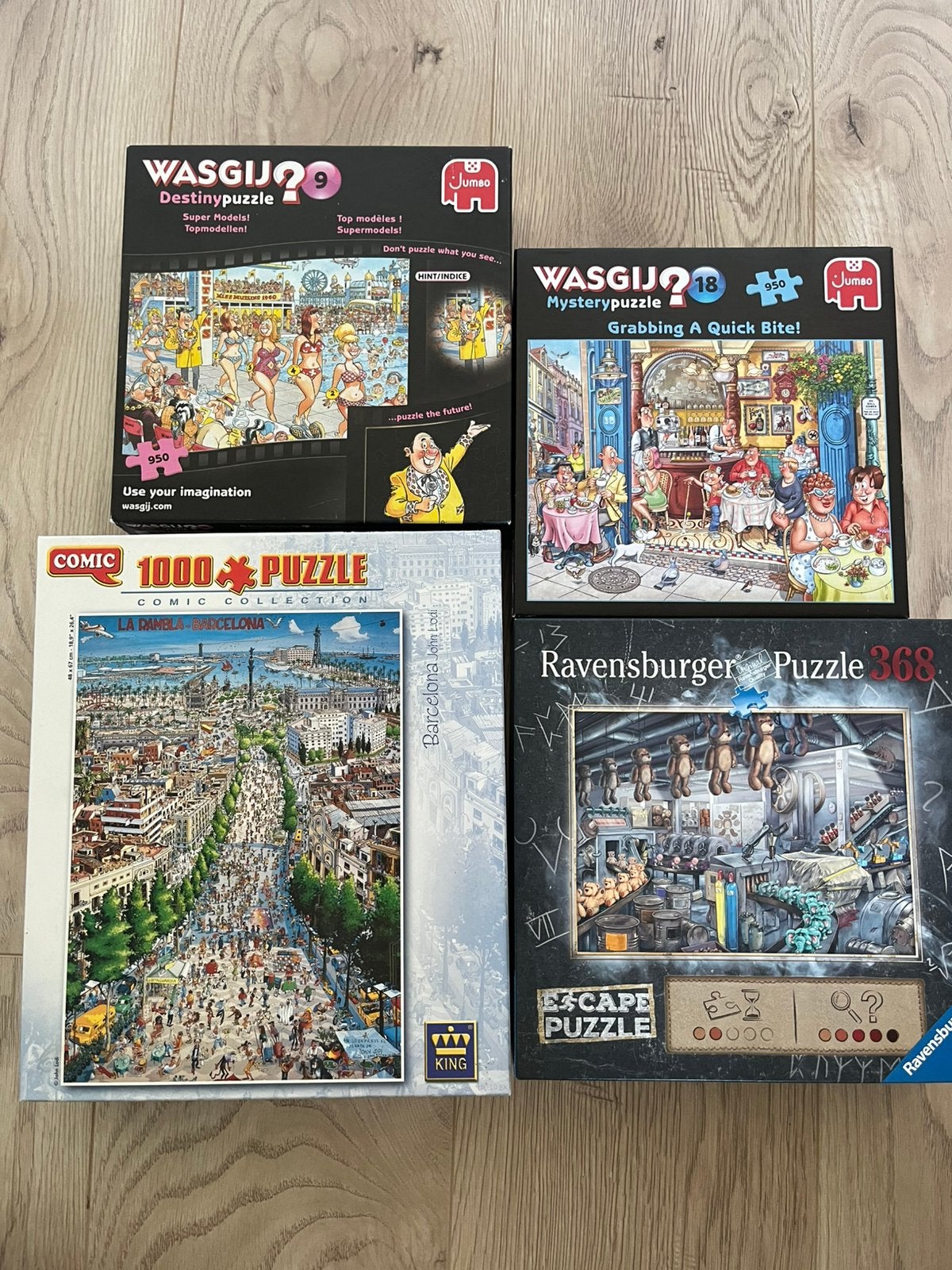 4 puzzels: wasgij, Barcelona en Escape puzzle, Ophalen of Verzenden, 500 t/m 1500 stukjes, Zo goed als nieuw, Legpuzzel