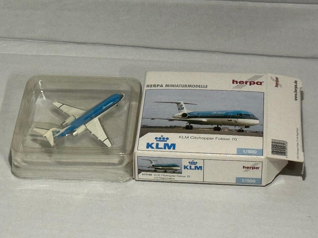 Herpa 1:500 Fokker 70 Diecast KLM Cityhopper PH-KZB 513166, Ophalen of Verzenden, Nieuw, Schaalmodel