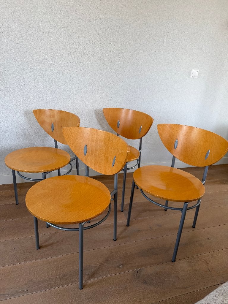 4 postmoderne design eetkamerstoelen essen/berken grijs, Ophalen, Bruin, Zo goed als nieuw, Vier