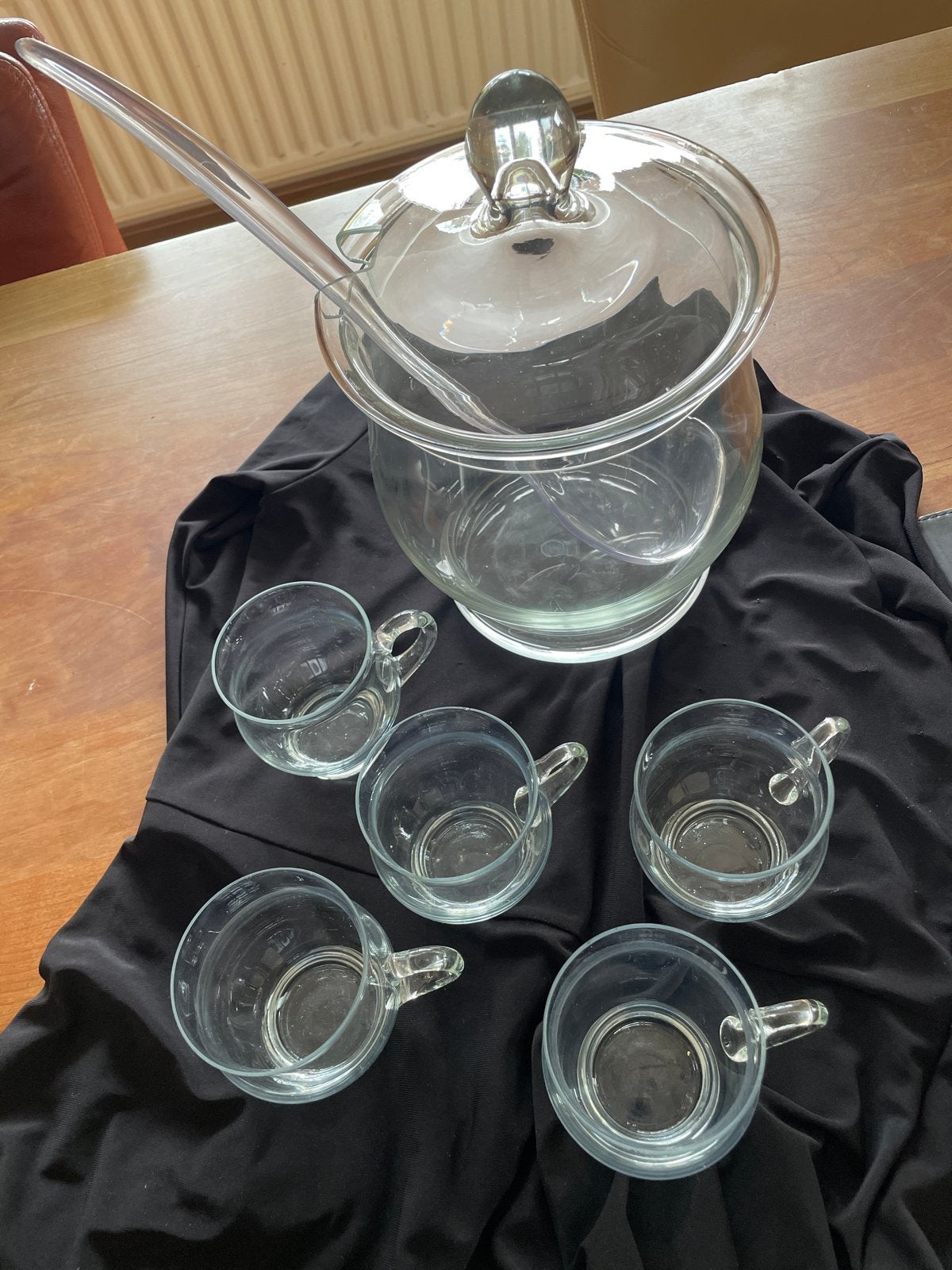 Glazen punchkom met lepel en 5 glazen bowlschaal, Gebruikt, Overige typen, Ophalen of Verzenden, Glas