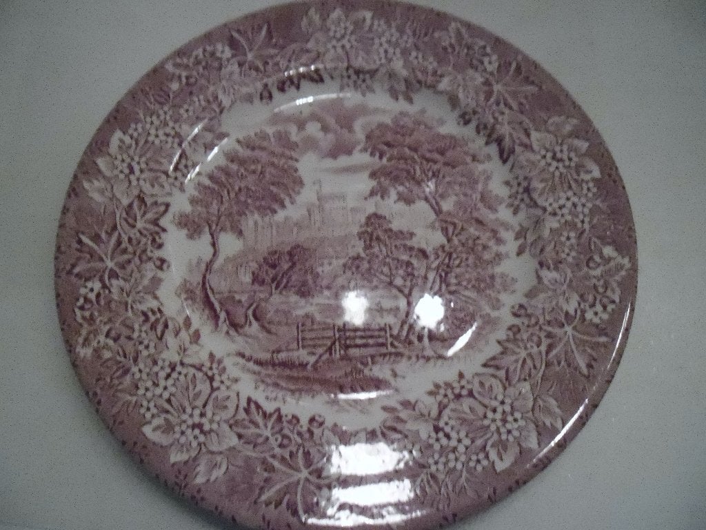 Antiek paars transferware bord met landschap, Ophalen of Verzenden