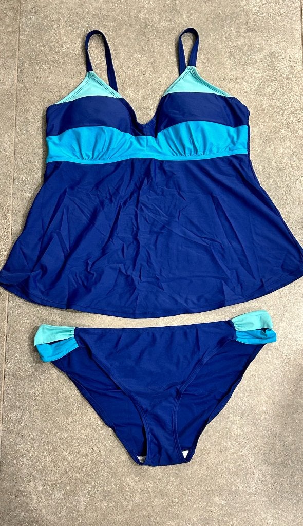 Blauwe tankini met lichtblauwe accenten, Ophalen of Verzenden, Zo goed als nieuw, Blauw, Bikini
