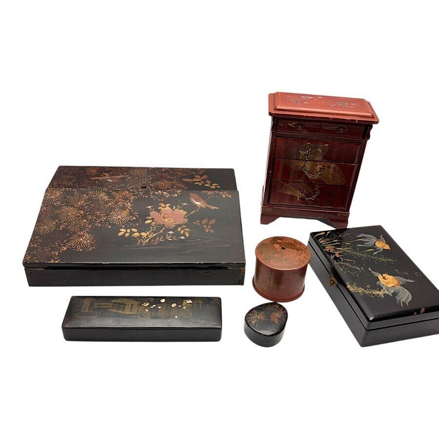 Lot Chinese/Japanse lakwerk objecten (6x), Antiek en Kunst, Kunst | Niet-Westerse kunst, Ophalen of Verzenden