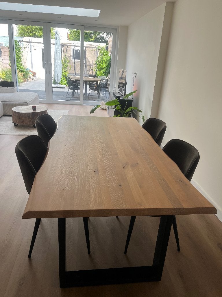 Mooie, stevige massief eikenhouten eettafel, Ophalen, Gebruikt, 100 tot 150 cm, Eikenhout