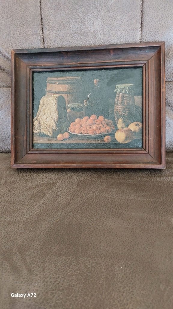 schilderij stilleven brood wijn fruit 27,3 x 21,3 cm, Antiek en Kunst, Ingelijst, Doek, Stilleven, Ophalen of Verzenden