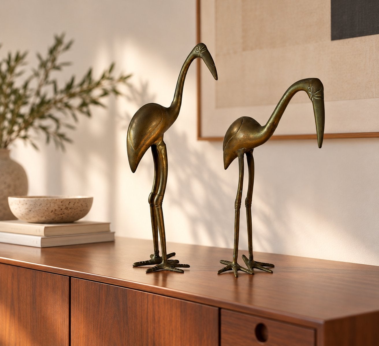 Vintage 60s messing flamingo beelden, Verzenden, 50 - 100 cm, Beeld, Goud