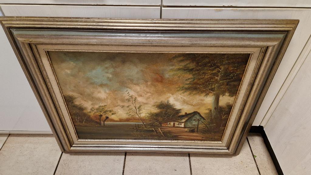 groot oud schilderij landschap schemerlicht gesigneerd, Ophalen of Verzenden