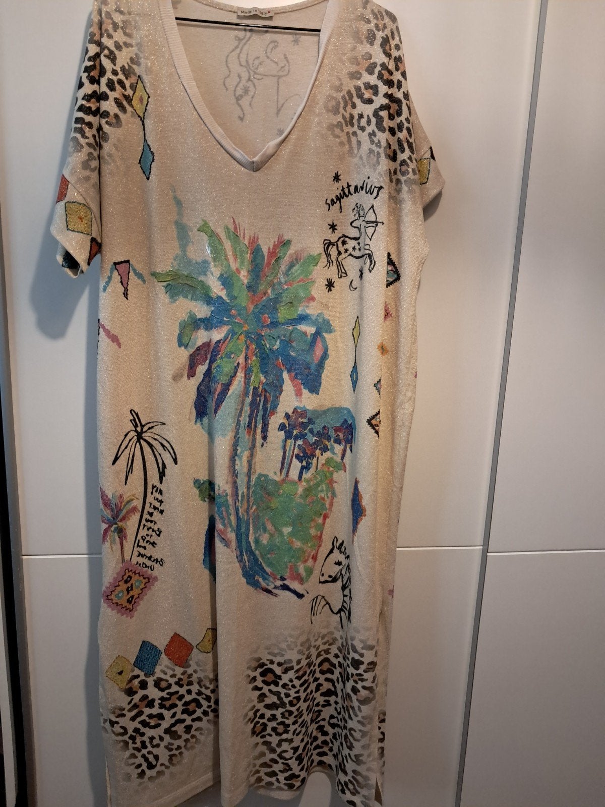 Nieuwstaat Stretch Jurk XL met Mooie Print, Made in Italy, Beige, Maat 46/48 (XL) of groter, Ophalen of Verzenden