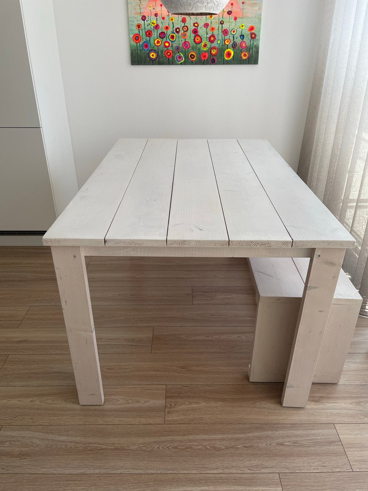 Witte houten eettafel met bankje, Ophalen, Gebruikt, 50 tot 100 cm, 150 tot 200 cm