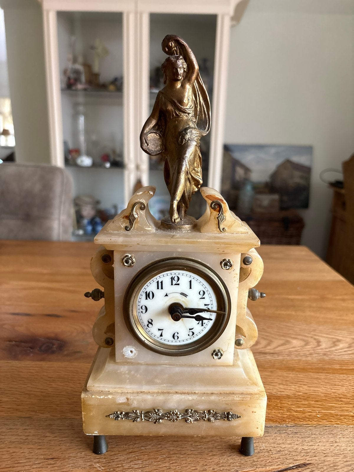 Antieke marmeren pendule met bronzen beeld, Ophalen of Verzenden