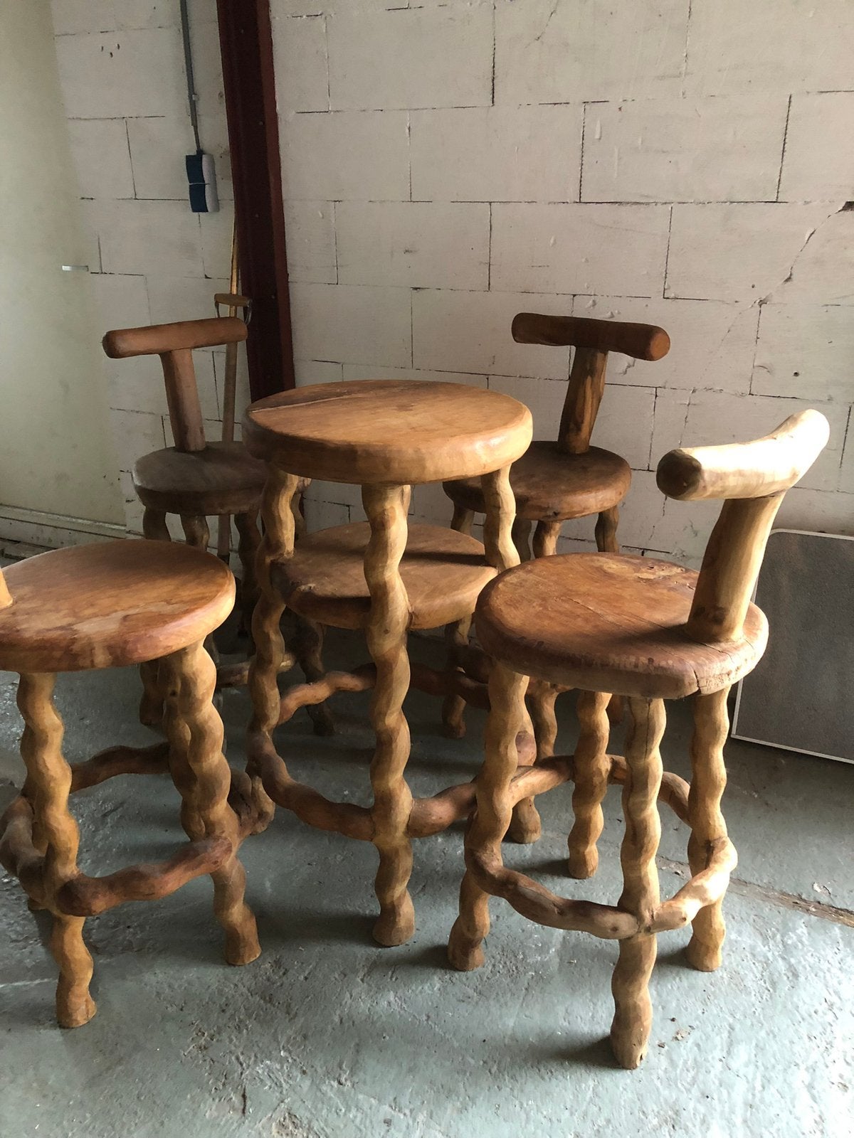 Teakhouten barkrukken met tafel., Ophalen, Gebruikt, Met voetsteun, 60 tot 90 cm