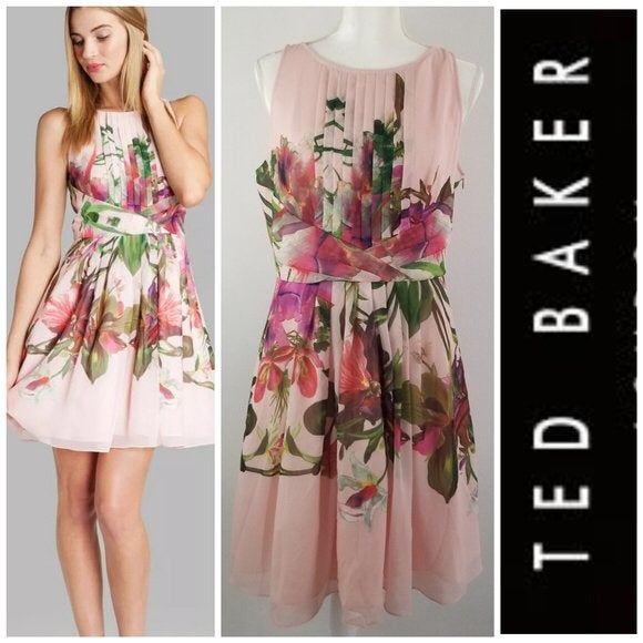 Ted Baker luxe jurk roze met bloemenprint Ted 2= 36, Zo goed als nieuw, Maat 36 (S), Onder de knie, Meerkleurig
