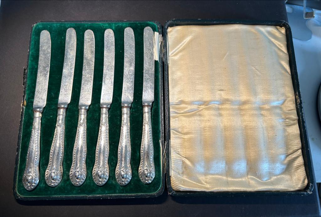 Antieke zilveren messen set, Birmingham 1911 in cassette, Antiek en Kunst, Ophalen of Verzenden