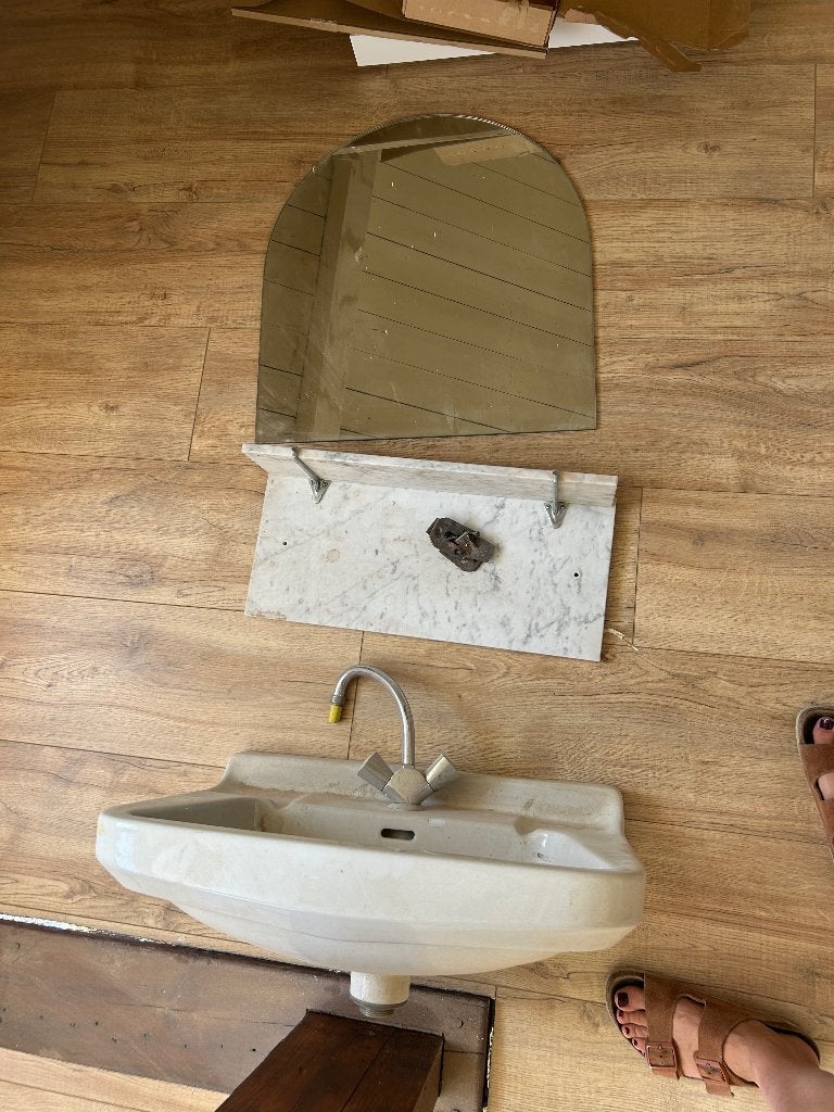 Wasbak vintage jaren 30 marmer planchet, Ophalen, Gebruikt, Steen, Wastafel