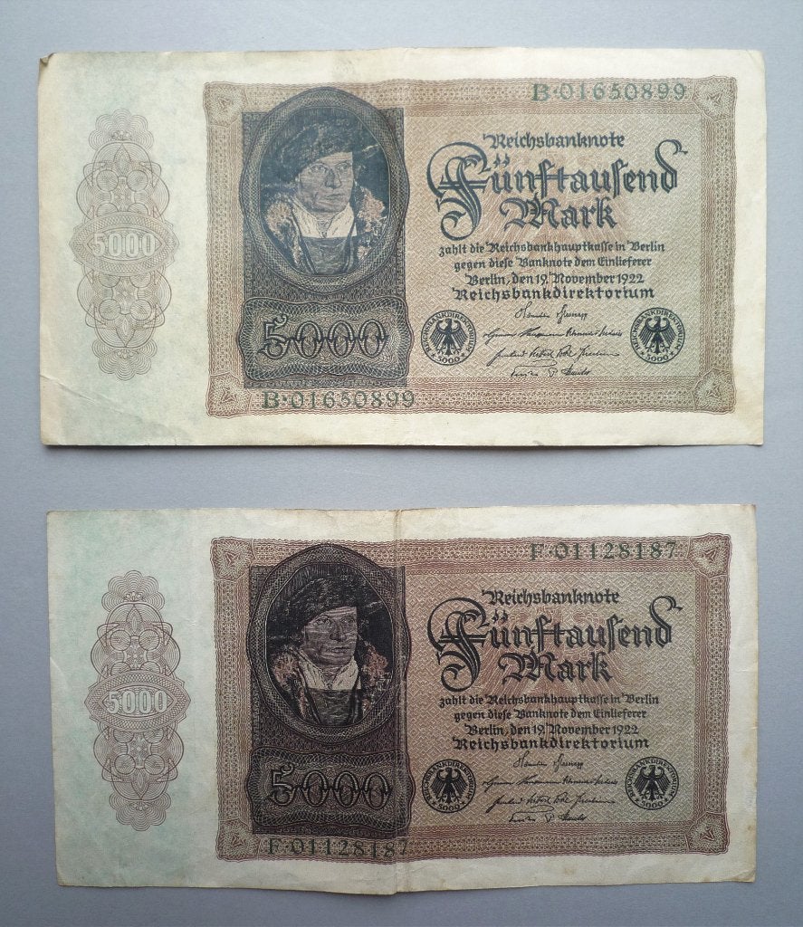 2x Duitsland 5000 Mark bankbiljet 1922 Hans Urmiller, Verzenden, Duitsland, Setje
