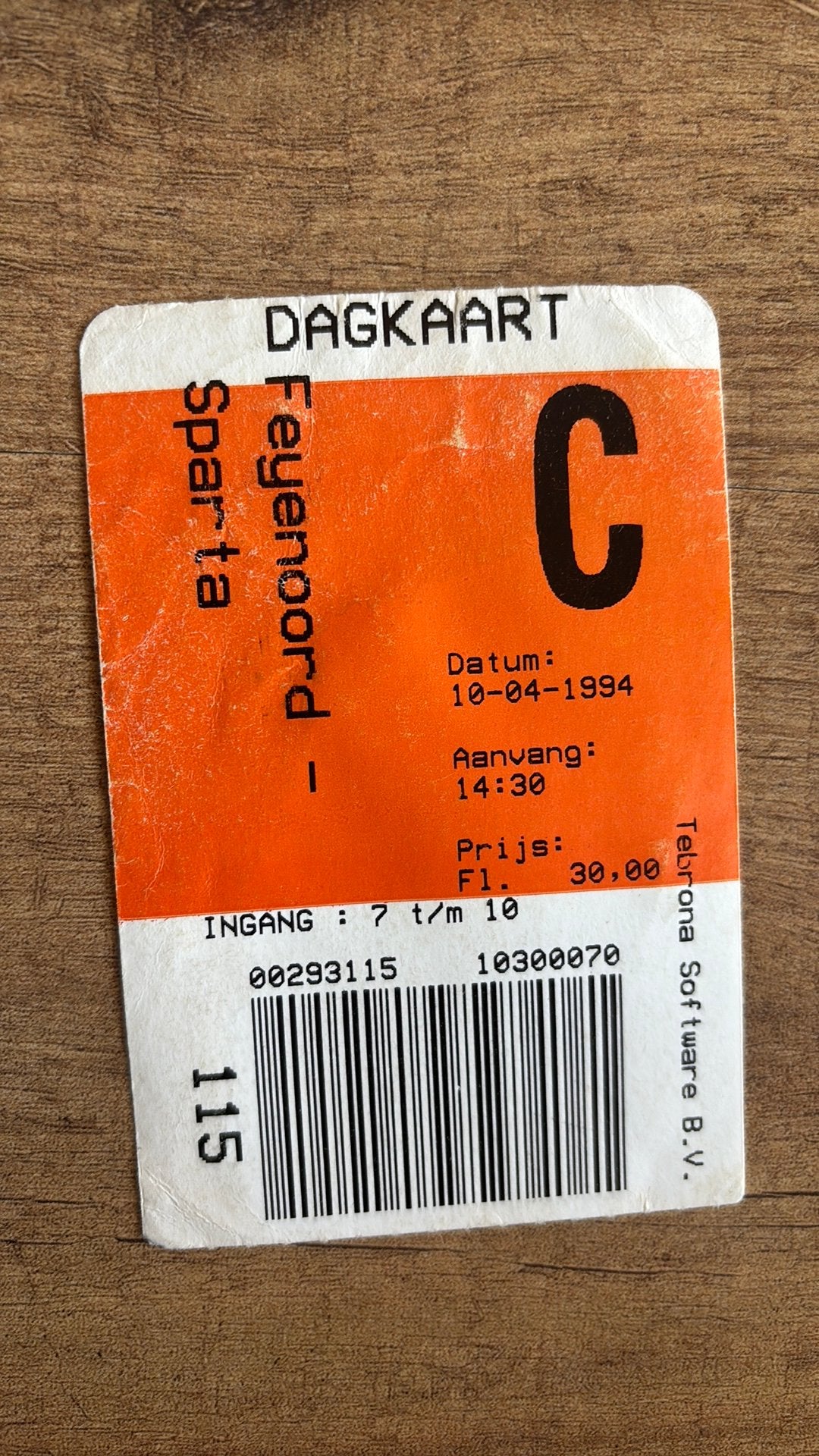 Oud stadionticket feyenoord sparta 1994, Ophalen of Verzenden, Zo goed als nieuw, Feyenoord