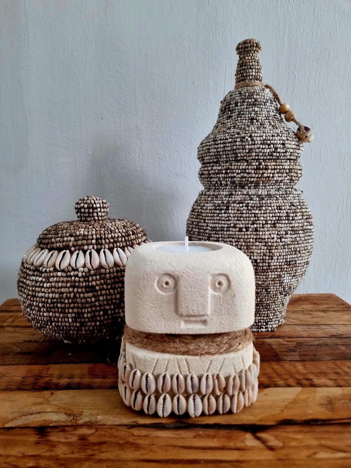 Stoneman theelichtje 10 cm - Handgemaakt Ubud Bali- Boho, Gebruikt, Beige, Waxinelichthouder, Ophalen of Verzenden