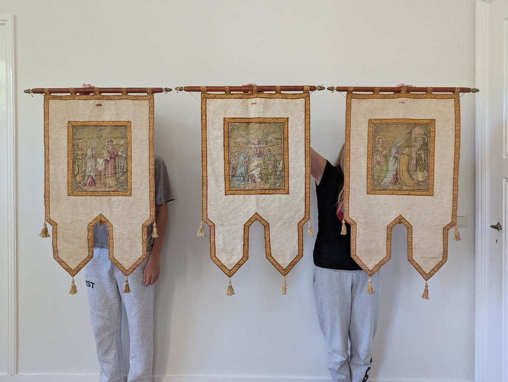 Set van 3 antieke religieuze processievaandels (ca. 100 cm), Ophalen of Verzenden