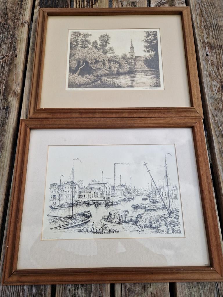 2 Etsen/tekeningen oud Almelo, Antiek en Kunst, Kunst | Etsen en Gravures, Ingelijst, Stadsgezicht, Ophalen of Verzenden, 1950 - 1999