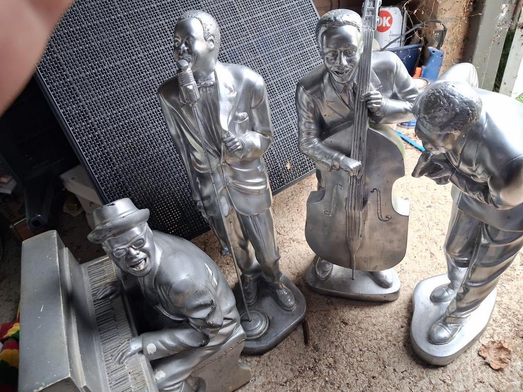 Set van 4 Jazz Muzikanten Beelden - Zilverkleurig, Antiek en Kunst, Zilver, Groep mensen, Ophalen of Verzenden, Handgemaakt
