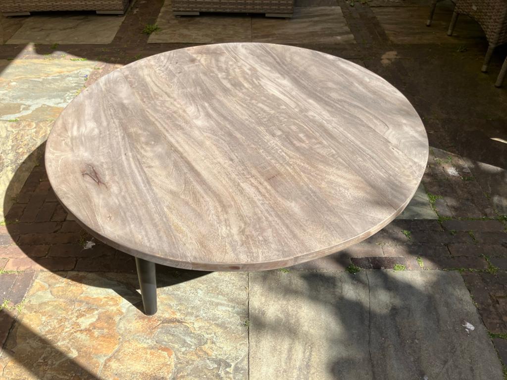 Ronde salontafel met houten blad en metalen poten, Ophalen, Rond, Nieuw, 50 tot 100 cm