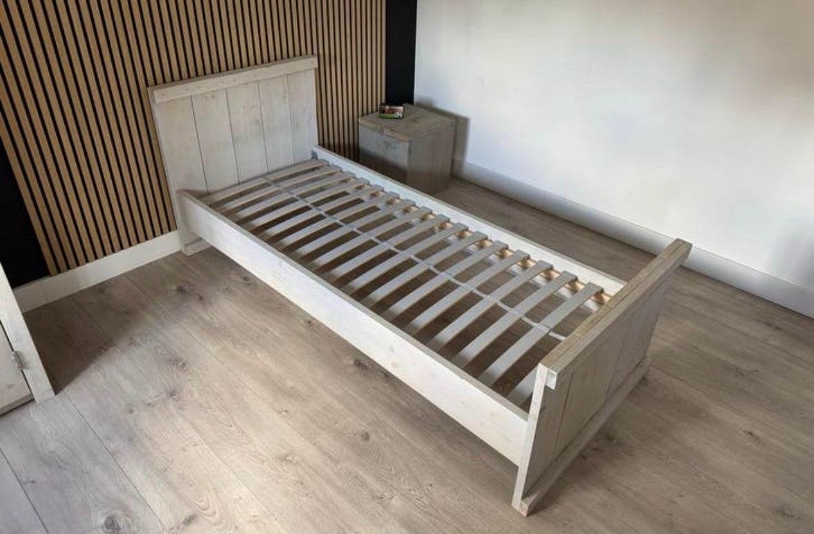 Eenpersoonsbed van steiger hout met lattenbodem, Ophalen, 90 cm, Eenpersoons, Wit