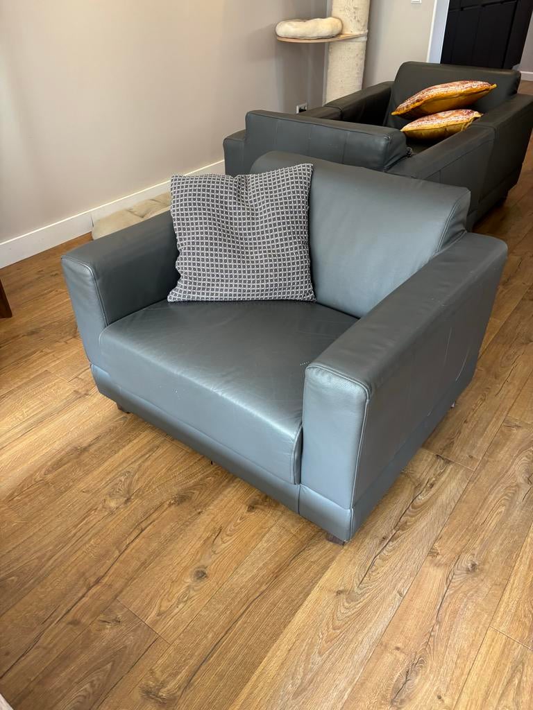 3x Grijze leren fauteuil - MONTEL -Comfortabel en stijlvol, Ophalen, Gebruikt, Leer, 75 tot 100 cm