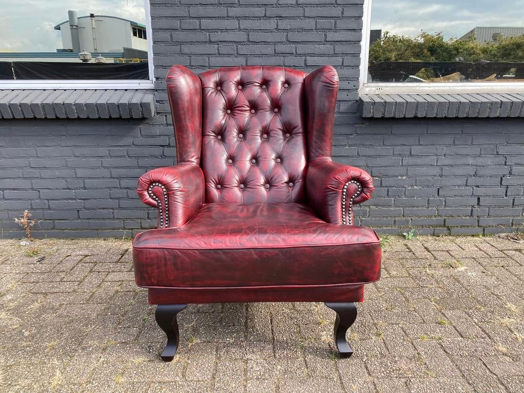 Prachtige Engels Chesterfield oorfauteuil oxblood rood, Ophalen of Verzenden, Zo goed als nieuw, 75 tot 100 cm