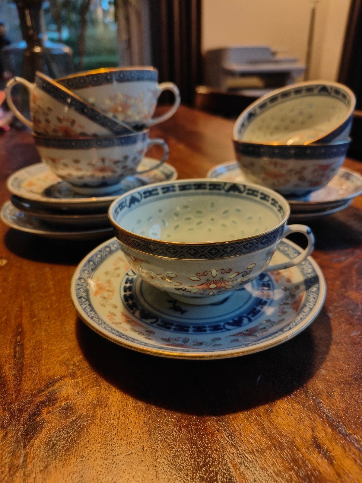 Vintage 6 Chinese rijstkorrel theekopjes met schotels, Ophalen