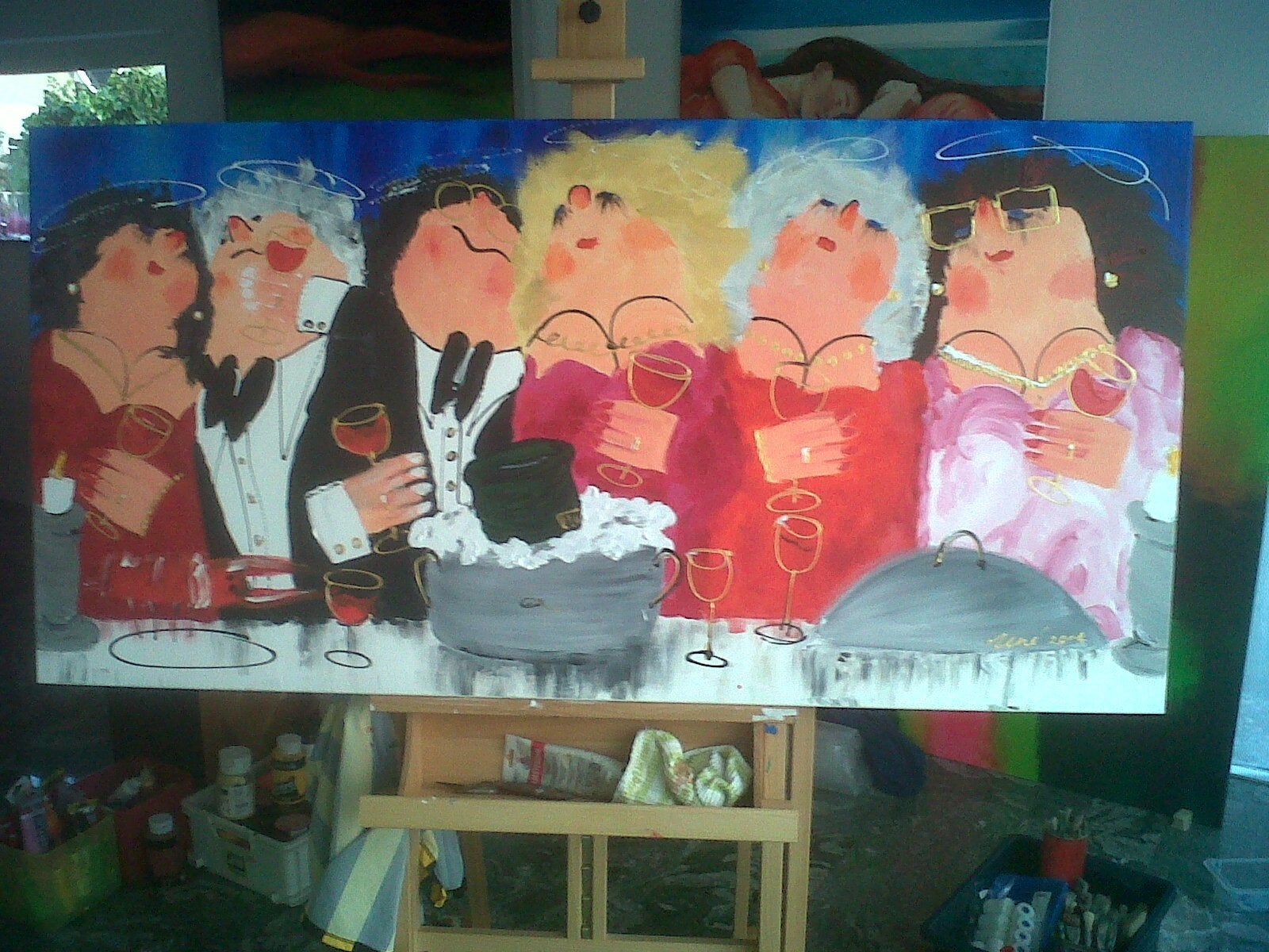 Humoristisch schilderij 'Dikke Dames' - 160x80 cm, Antiek en Kunst, Ophalen, Figuren, Handgeschilderd, Overige technieken