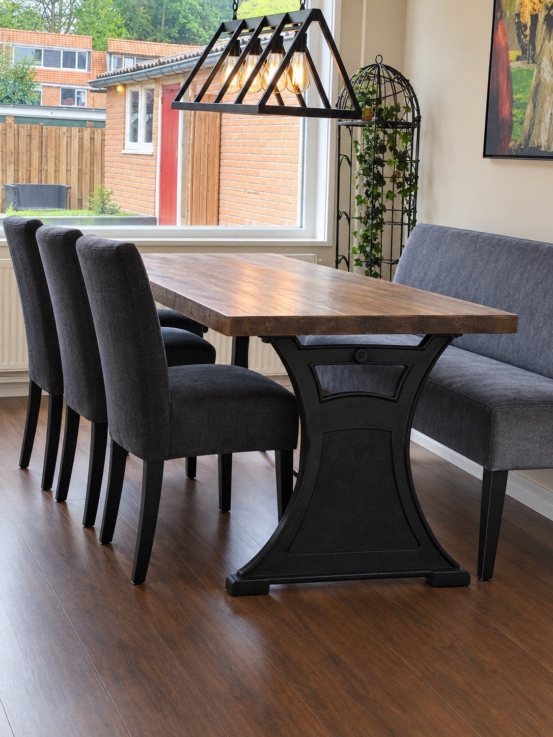 3 Velvet eetstoelen & 1 Eetbankje - Grijsblauw/Antr, Ophalen, Overige materialen, 200 cm of meer, 50 tot 100 cm
