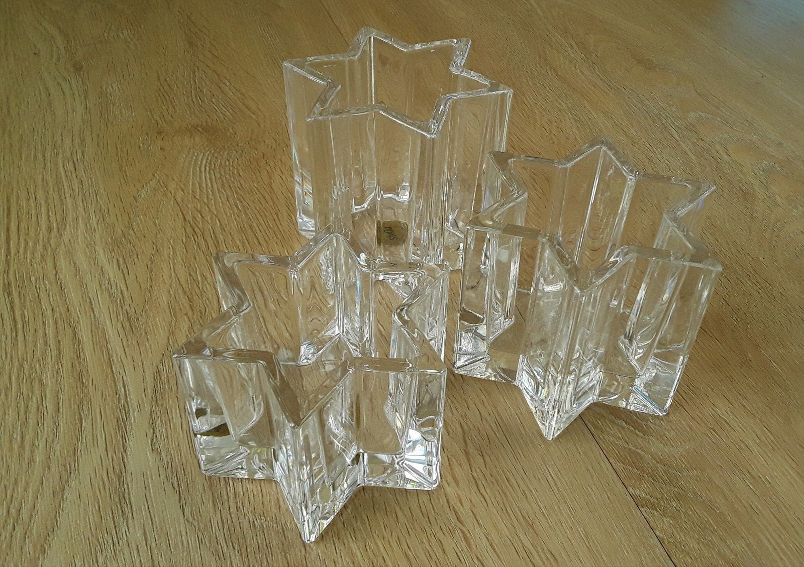 Set, 3 kristallen Stella waxinelichthouders stervorm, Ophalen of Verzenden, Zo goed als nieuw, Glas, Waxinelichthouder